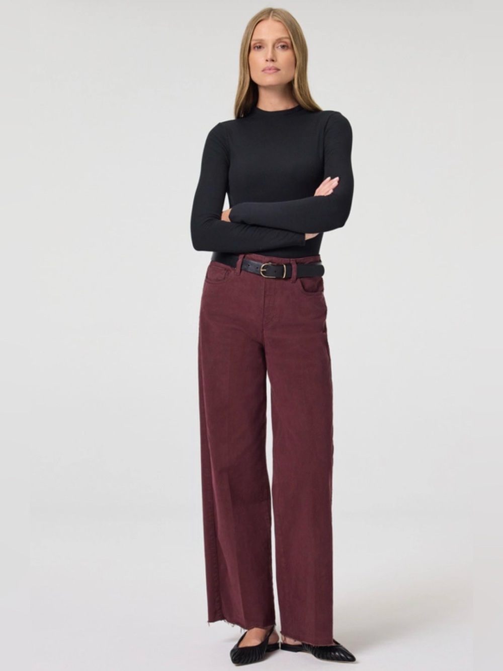 PAIGE Wide Leg Ankle-Cropped Jeans in Deep Burgundy